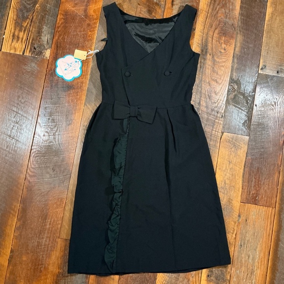 Vintage 1960s Sears Junior Bazaar Little Black Dress Bow Detail Size 11 NWT - Picture 1 of 9